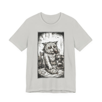 Scraps "GFM" - Cat Drinking Coffee T-Shirt — Tired Depressed Cat Graphic Tee