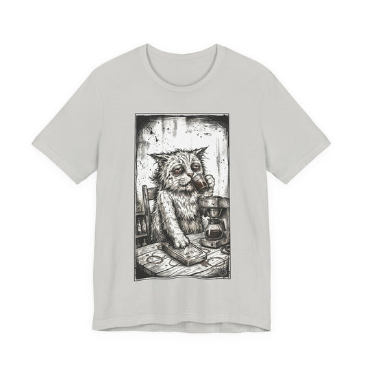 Scraps "GFM" - Cat Drinking Coffee T-Shirt — Tired Depressed Cat Graphic Tee