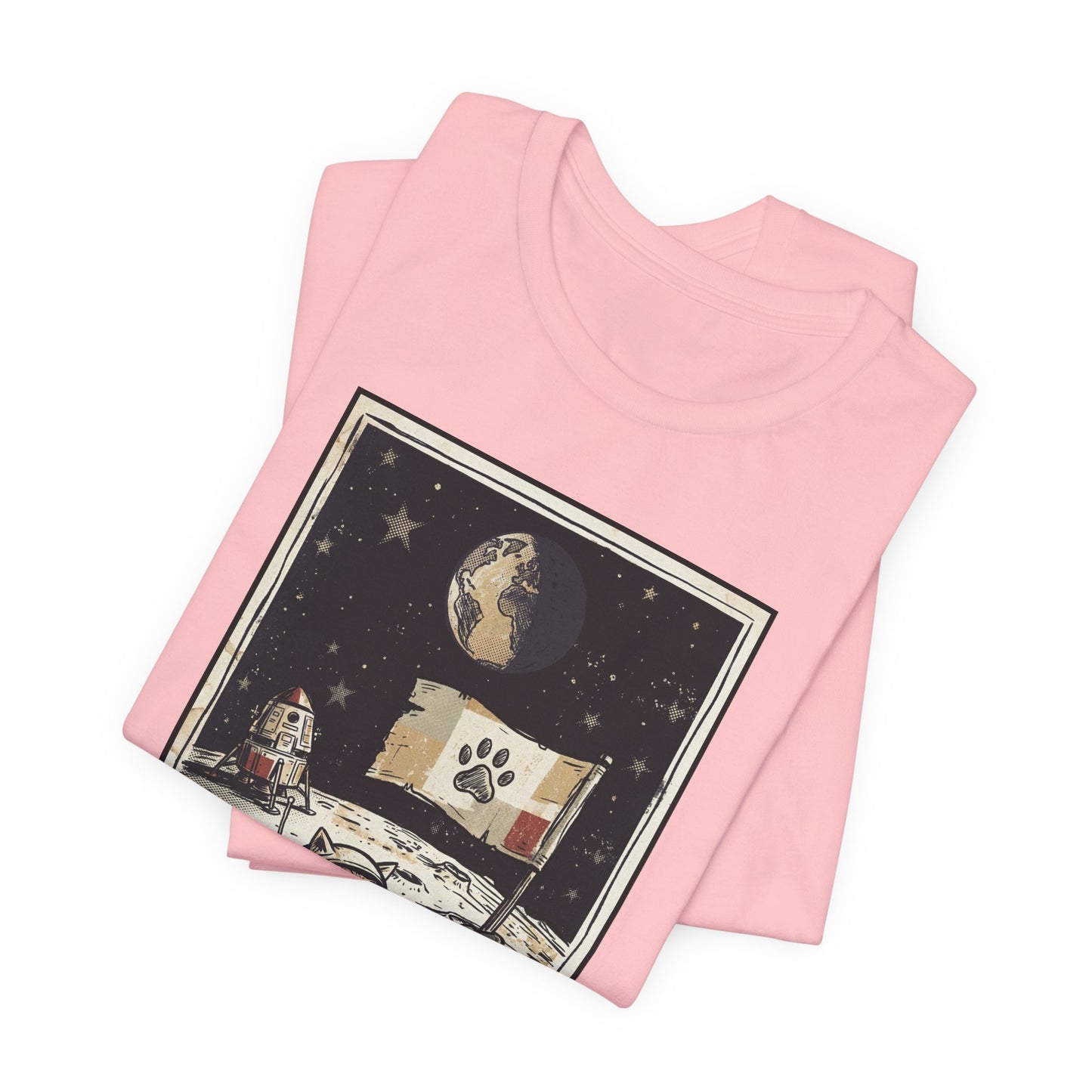SpaceCat - Conquers The Moon! - Astronaut Cat Moon T-Shirt — Vintage Styled Space Kitty Flag Tee