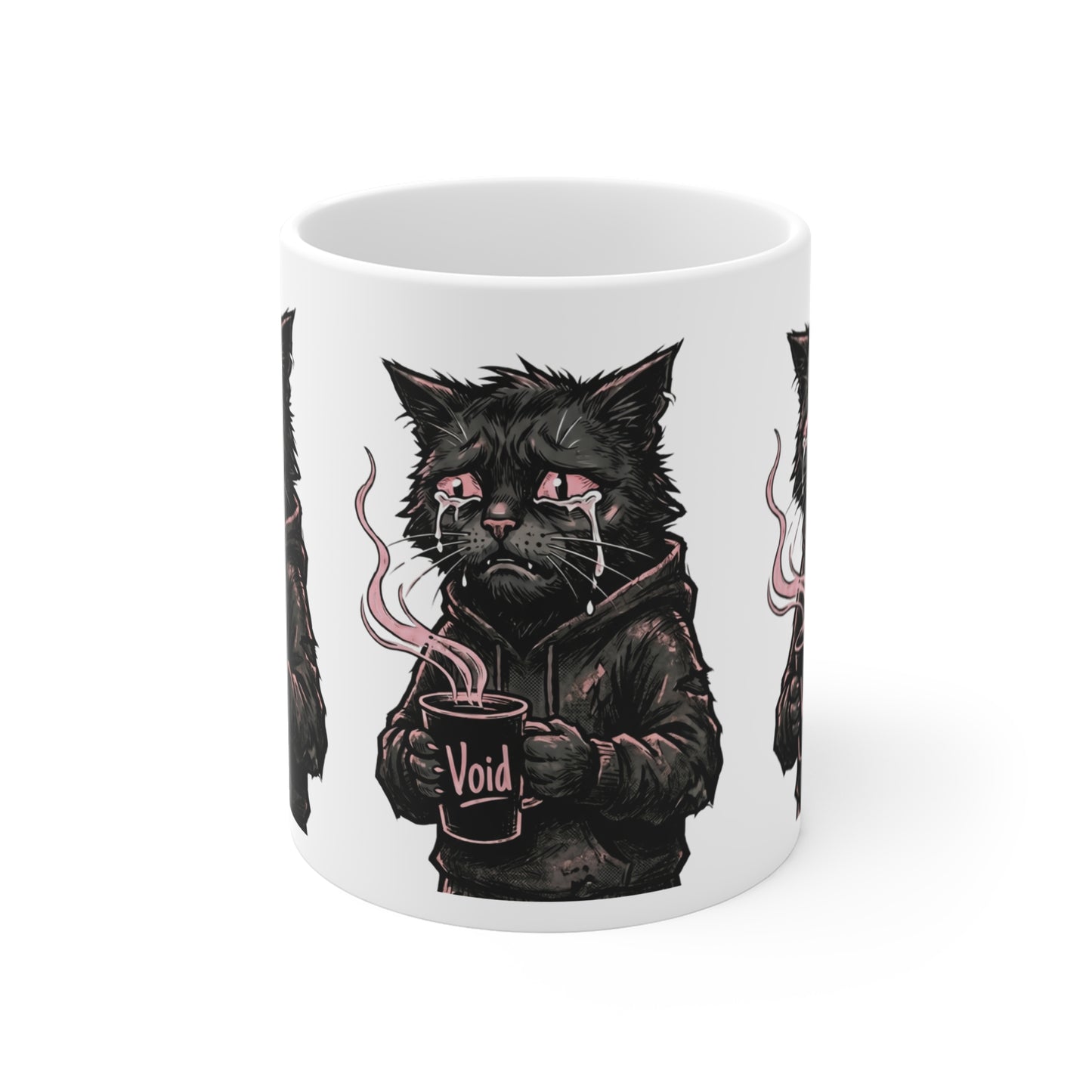 VOID - 11oz Ceramic Mug — Goth Black Cat Holding "Void" Coffee (Aesthetic, Moody Gift)