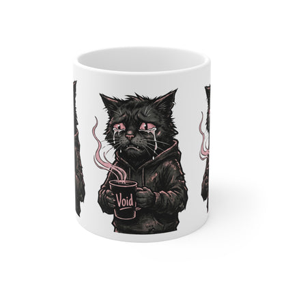 VOID - 11oz Ceramic Mug — Goth Black Cat Holding "Void" Coffee (Aesthetic, Moody Gift)