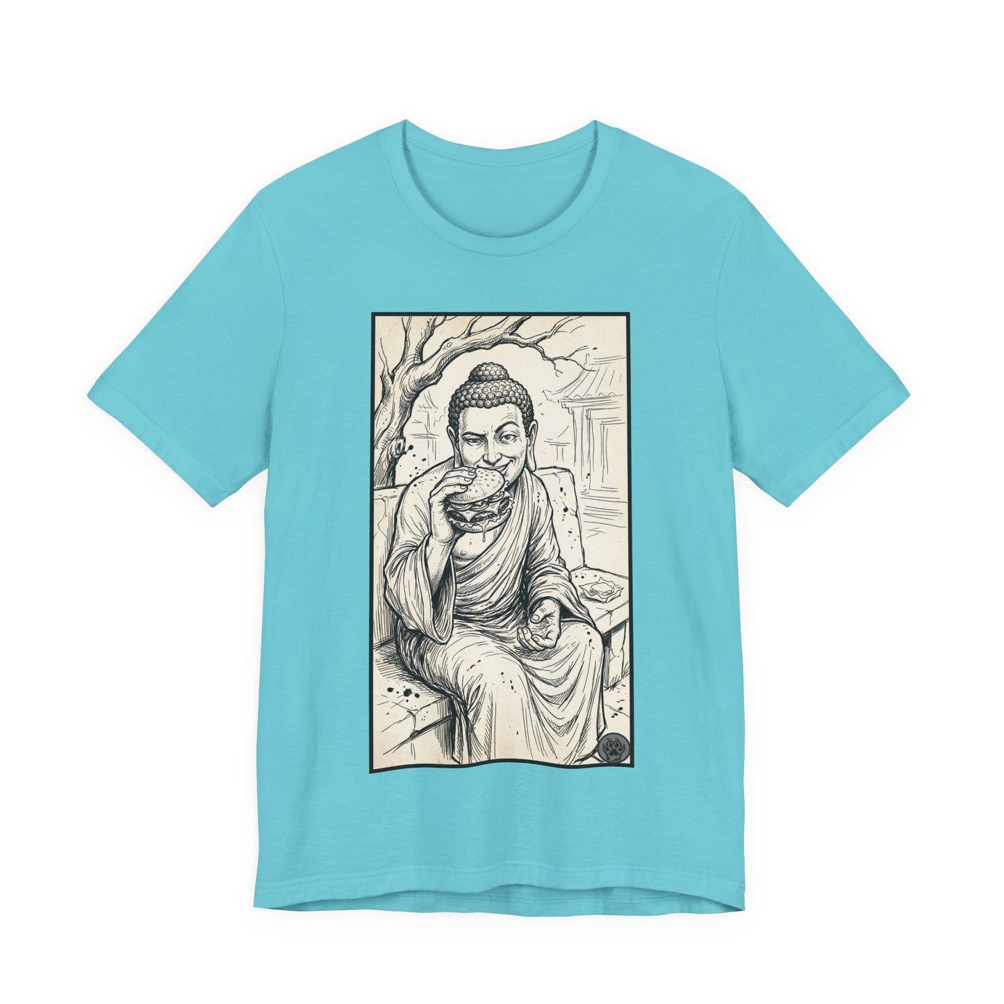 Bad Buddha Cheeseburger Sketch Tee — Humor Illustration T-Shirt