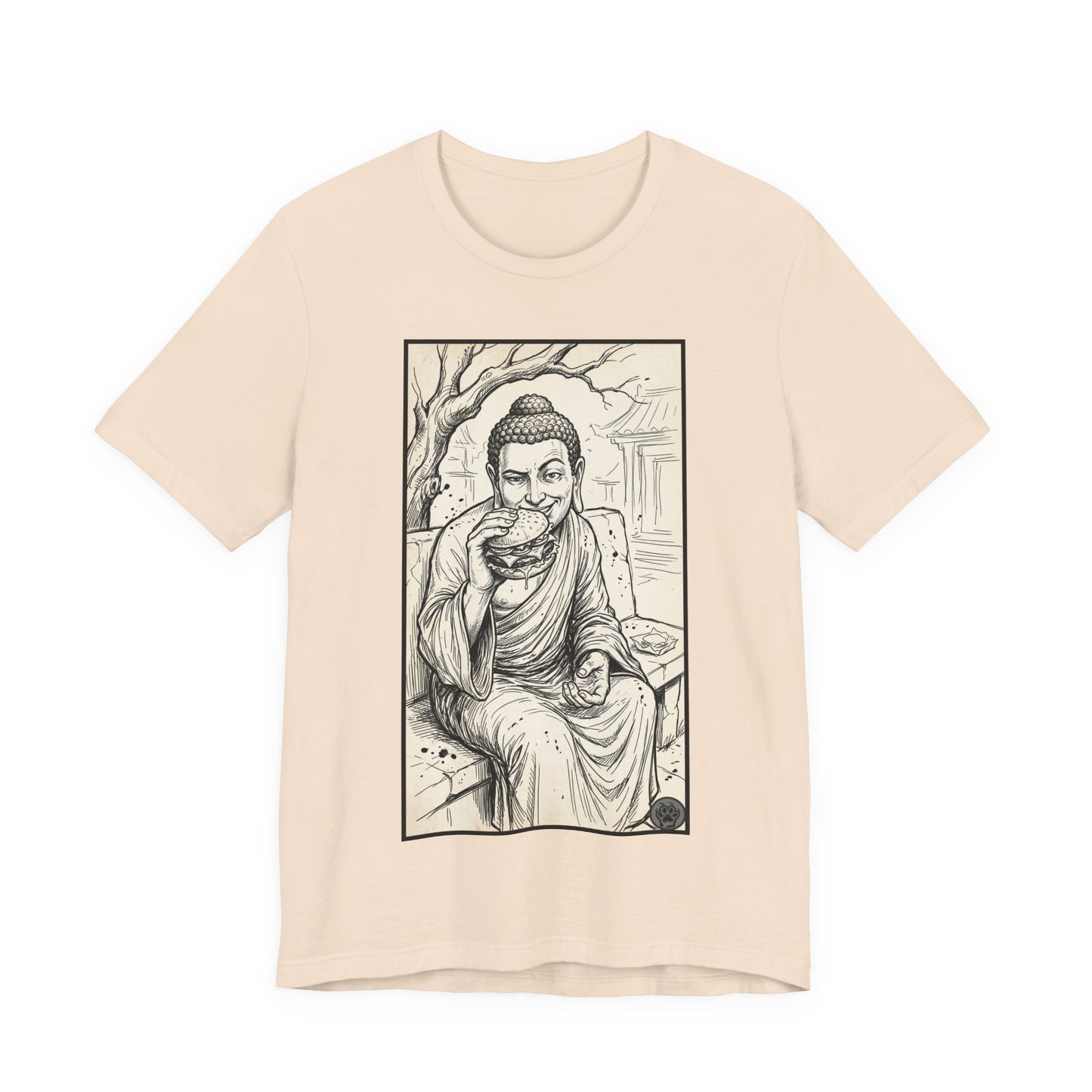 Bad Buddha Cheeseburger Sketch Tee — Humor Illustration T-Shirt