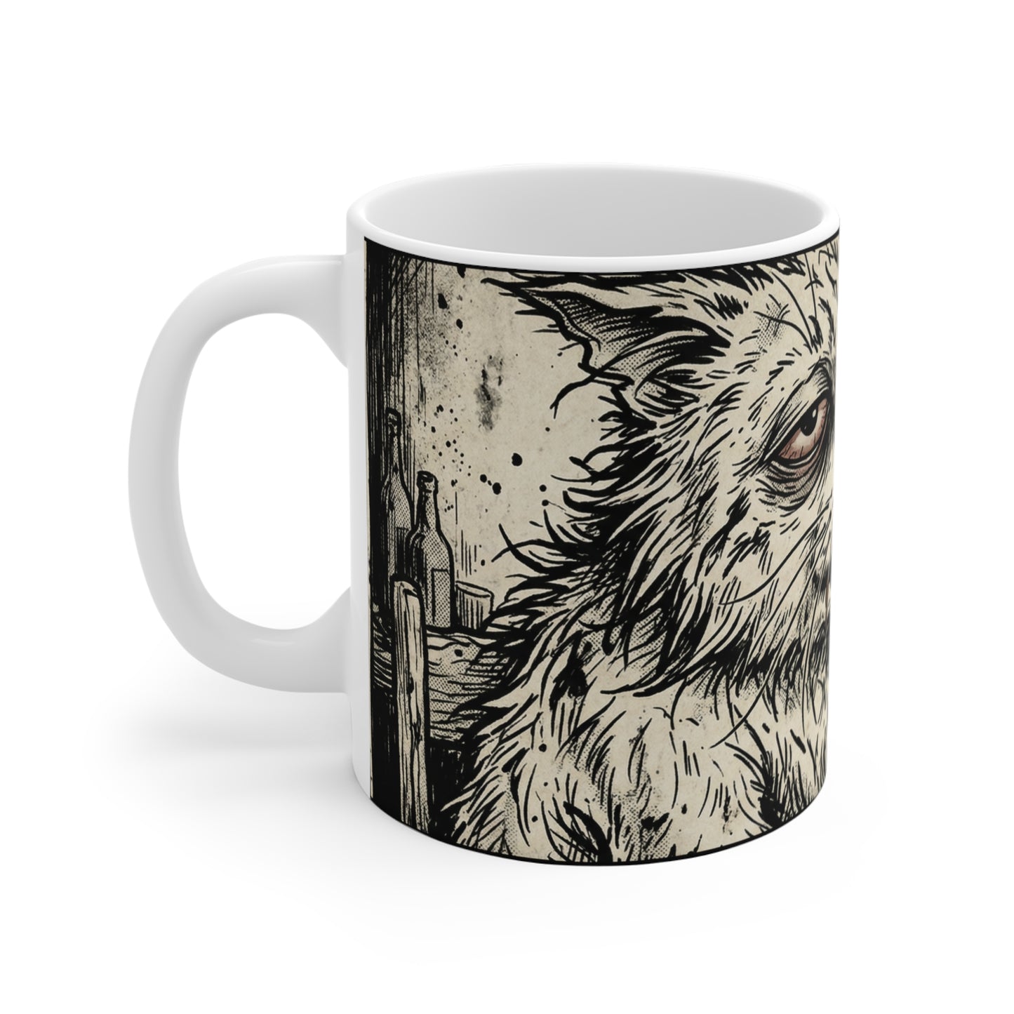 Scraps - "Bad Day" - 11oz Mug Left Handle Wraparound - Tired Depressed Grumpy Drunk Cat Mug 11oz – Vintage Distressed Illustration Coffee Cup
