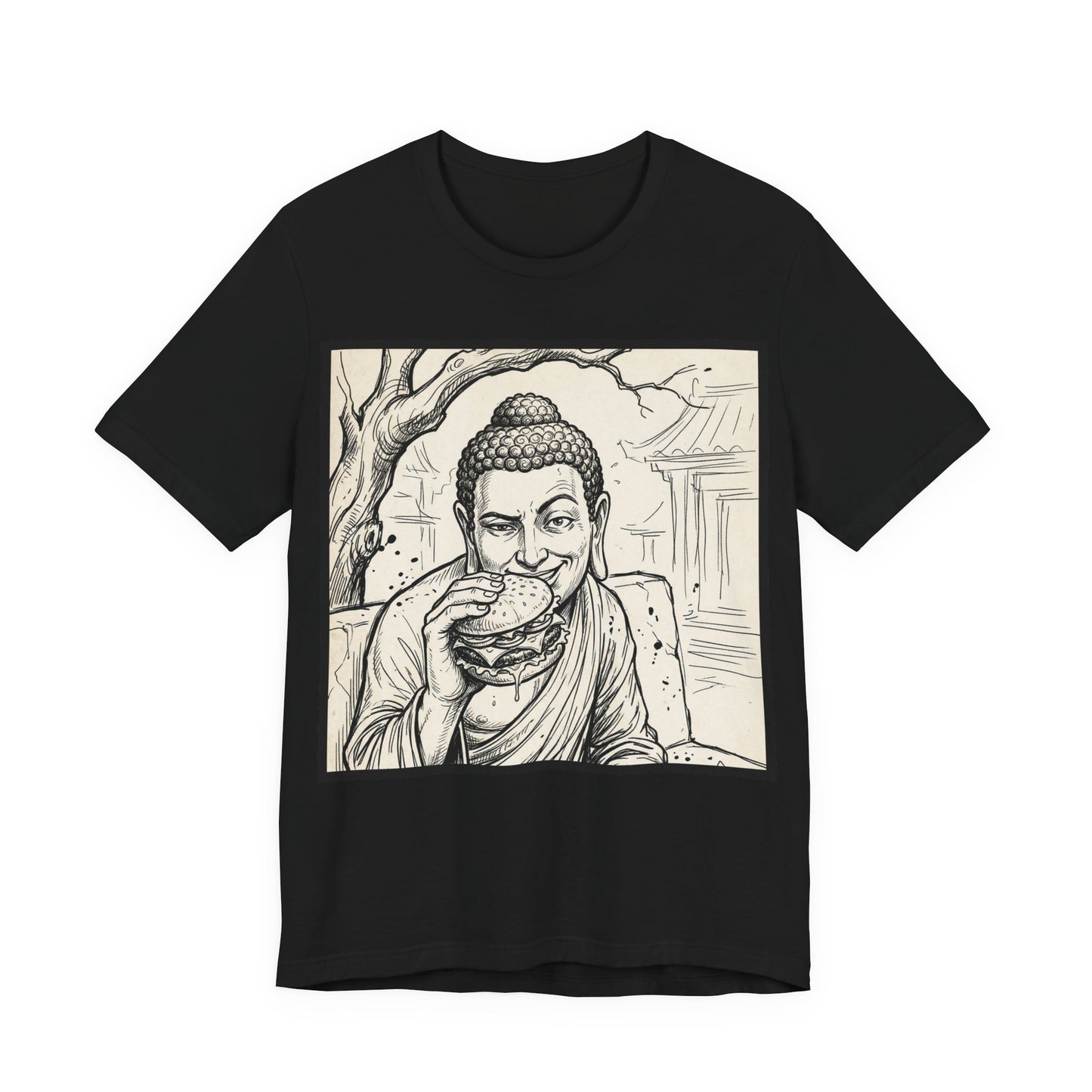 BadBuddha - Cheeseburger (Crop) - Buddha Eating A Delicious Juicy Cheeseburger Funny T‑Shirt Zen Humor