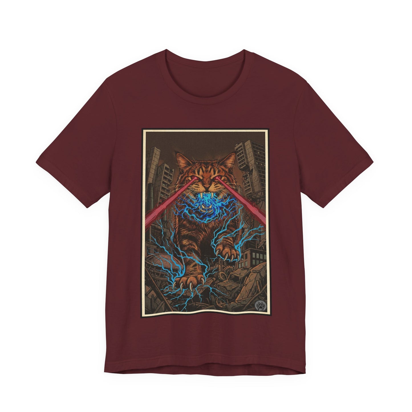 CityCat Attacks! Dark with Red Lasers - Tiger Kitty Kaiju Tee — Laser-Eyed Monster Cityscape T-Shirt
