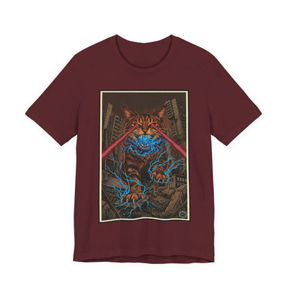 CityCat Attacks! Dark with Red Lasers - Tiger Kitty Kaiju Tee — Laser-Eyed Monster Cityscape T-Shirt