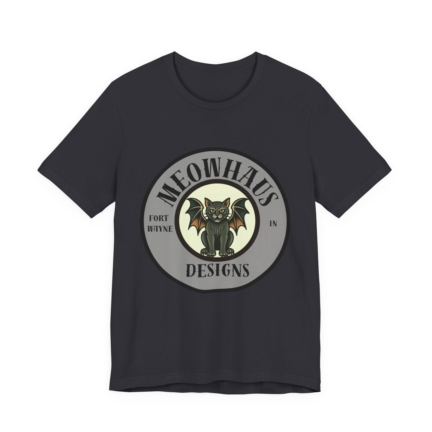 MHD Emblem - Grey Circle - Vintage Tattoo Meowhaus Designs Bat Cat Logo Tee