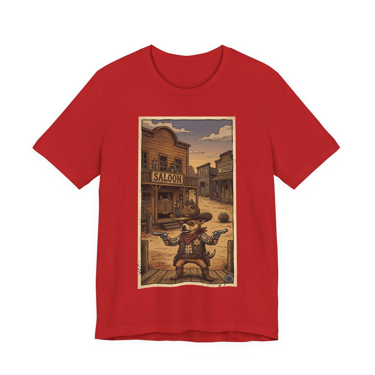 SheriffPaco - Vertical - Chihuahua Sheriff Western Saloon Showdown T-Shirt — Vintage Cowboy Sheriff Puppy Dog Graphic Tee