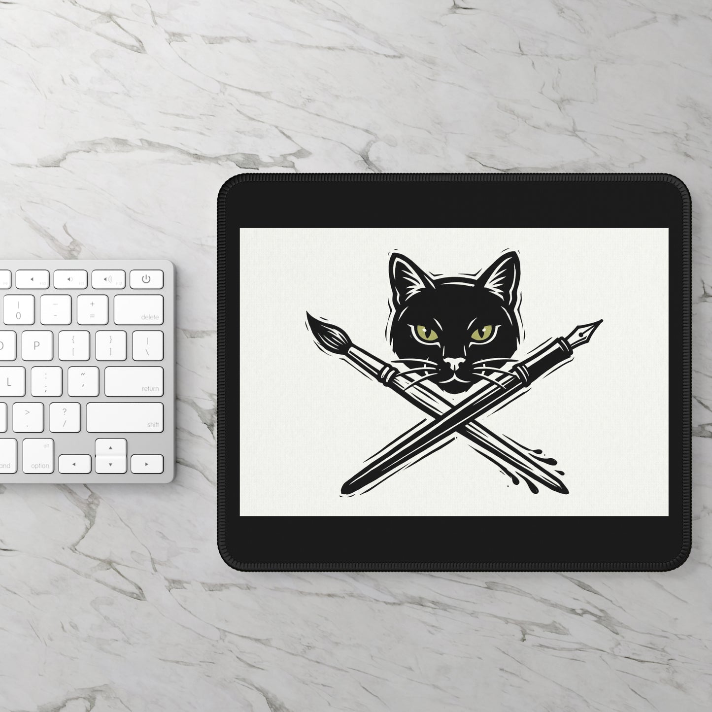 CreativeCat - Black Cat & Crossed Pen + Brush Mouse Pad — Artist Gamer Desk Mat