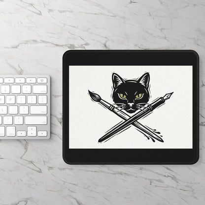 CreativeCat - Black Cat & Crossed Pen + Brush Mouse Pad — Artist Gamer Desk Mat