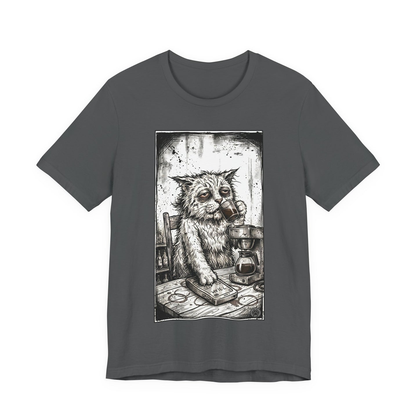 Scraps "GFM" - Cat Drinking Coffee T-Shirt — Tired Depressed Cat Graphic Tee