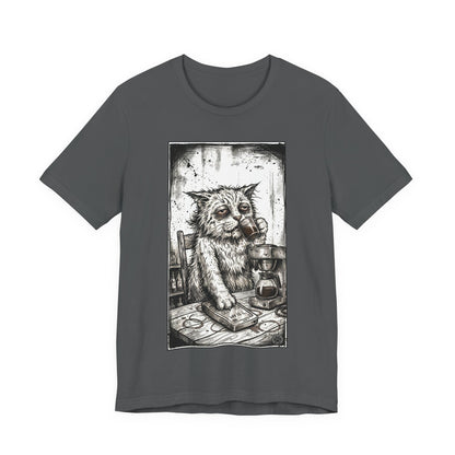 Scraps "GFM" - Cat Drinking Coffee T-Shirt — Tired Depressed Cat Graphic Tee