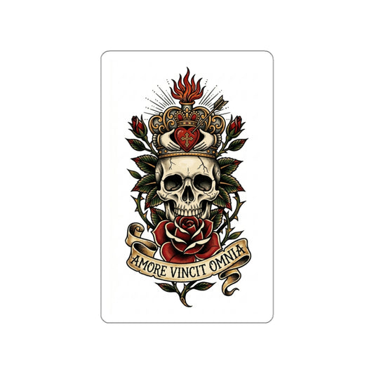AVO-2 Claddagh Crown - Skull & Rose Die-Cut Sticker — 'Amore Vincit Omnia' Gothic Vintage Tattoo Design