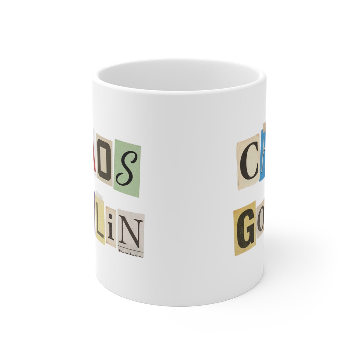 Chaos Goblin Mug — Funny Ransom-Note Style Coffee Cup