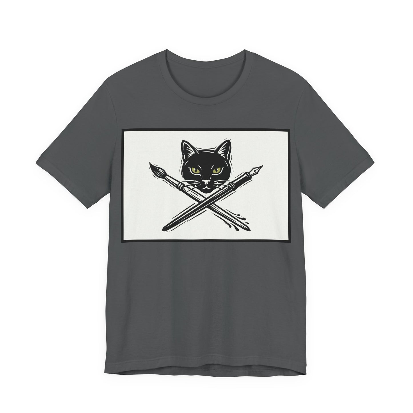 Creative Cat T‑Shirt – Black Cat with Crossed Paintbrush & Pen Graphic