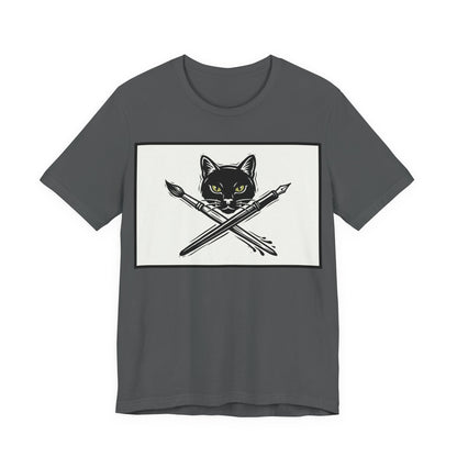 Creative Cat T‑Shirt – Black Cat with Crossed Paintbrush & Pen Graphic