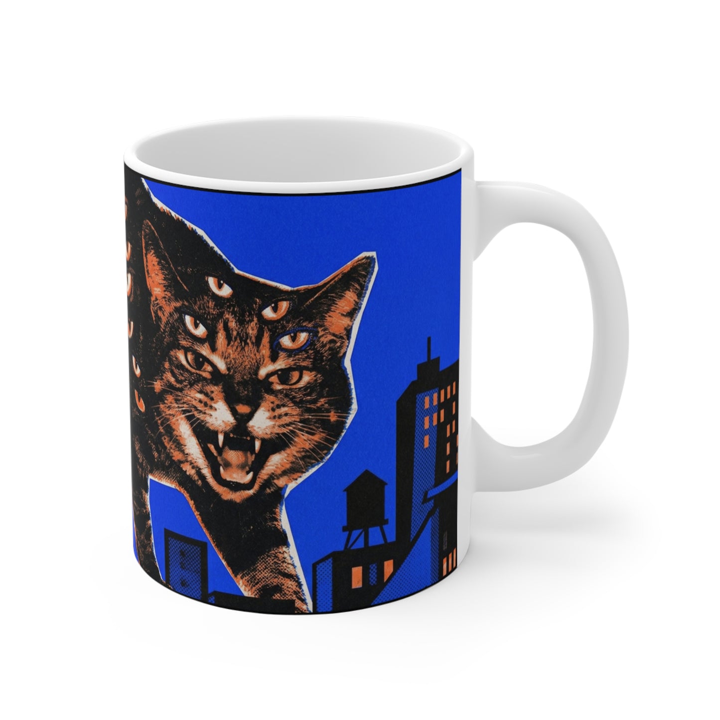 CityCat - Blue Collage Poster - 11oz Mug Right Handle Wraparound - Spooky Multi-Eyed Black Cat Coffee Mug - Halloween Night Skyline 11oz