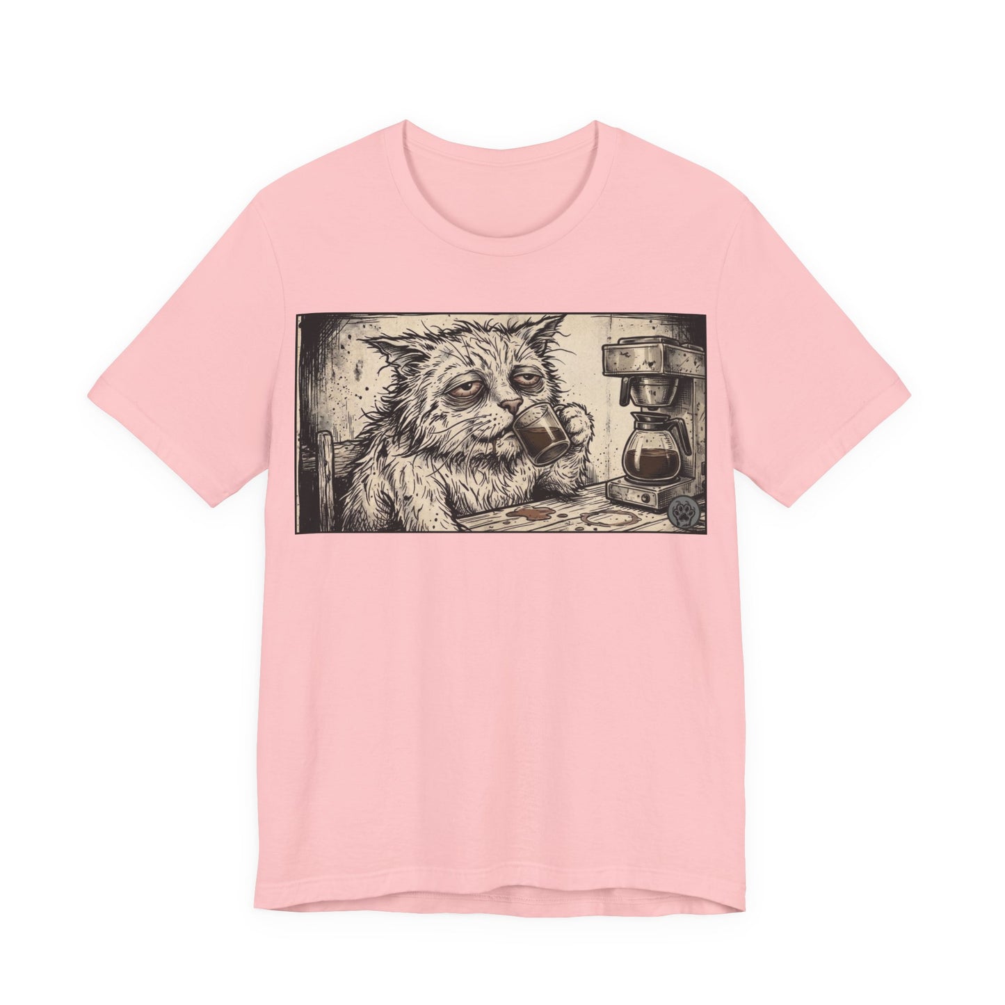 Scraps "GFM" Horizontal - Cat Drinking Coffee T‑Shirt — Vintage Sketch Tired Depressed Cat Drinking Coffee Graphic Tee