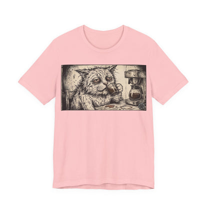 Scraps "GFM" Horizontal - Cat Drinking Coffee T‑Shirt — Vintage Sketch Tired Depressed Cat Drinking Coffee Graphic Tee