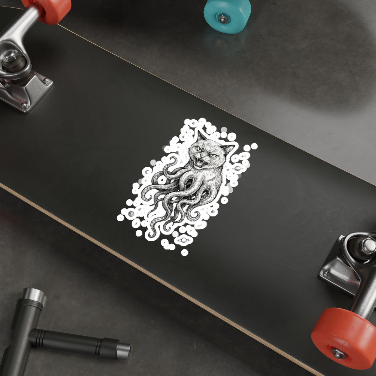 AlienCat In Space! - Die-Cut Sticker — Gothic Cat with Octopus Tentacles (Black & White Illustration)