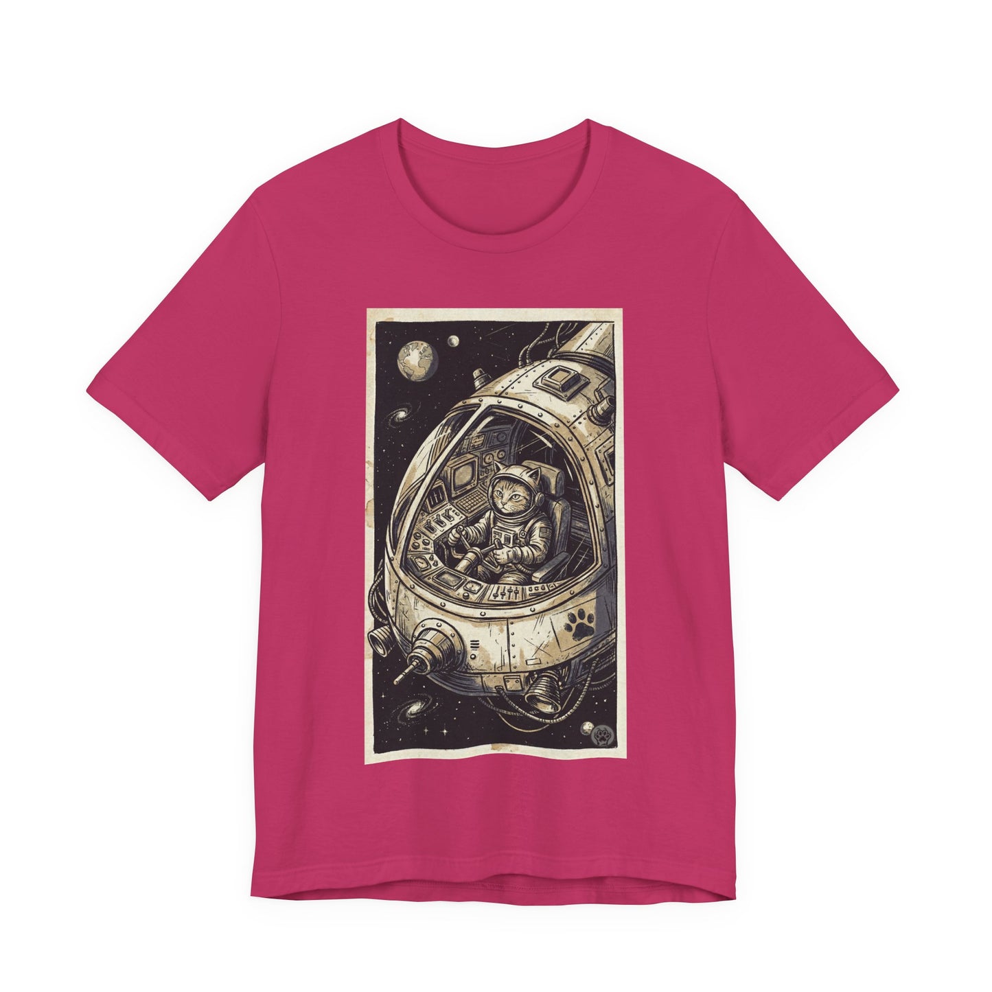 SpaceCat - To The Rescue! - Cat Astronaut in Rocket Capsule Graphic Tee – Vintage Style Space Pilot Illustration