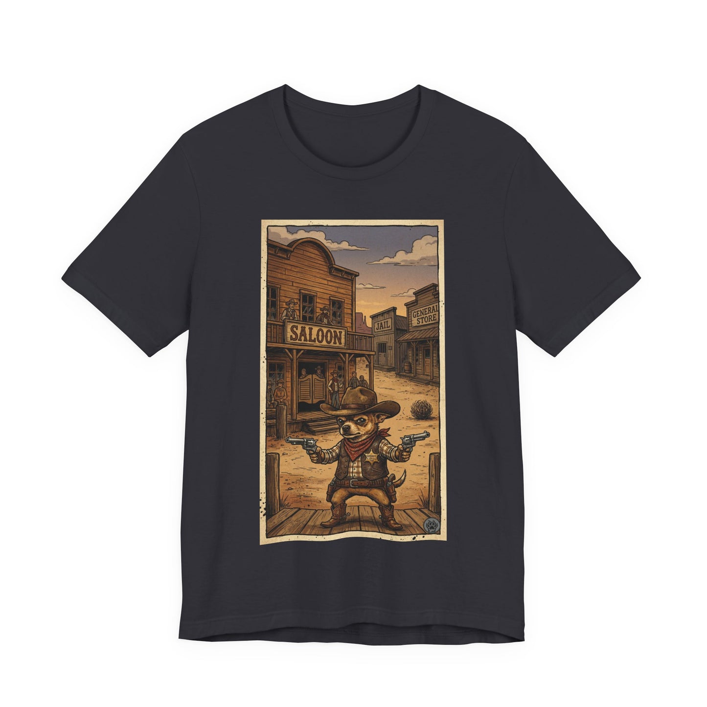 SheriffPaco - Vertical - Chihuahua Sheriff Western Saloon Showdown T-Shirt — Vintage Cowboy Sheriff Puppy Dog Graphic Tee