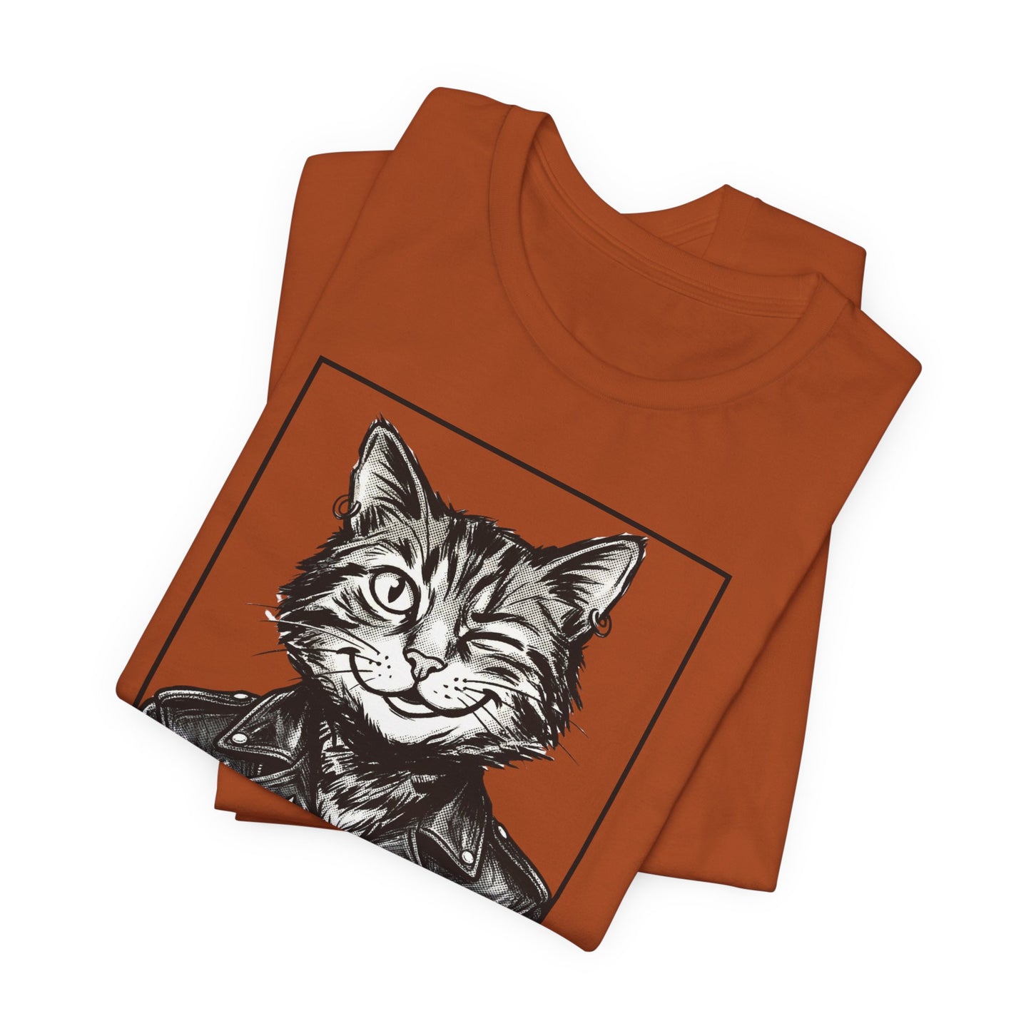 WinkyCat - Leather Jacket & Snarky Gesture - Cat Biker Tee — Grinning Cat in Leather Jacket Graphic T-Shirt
