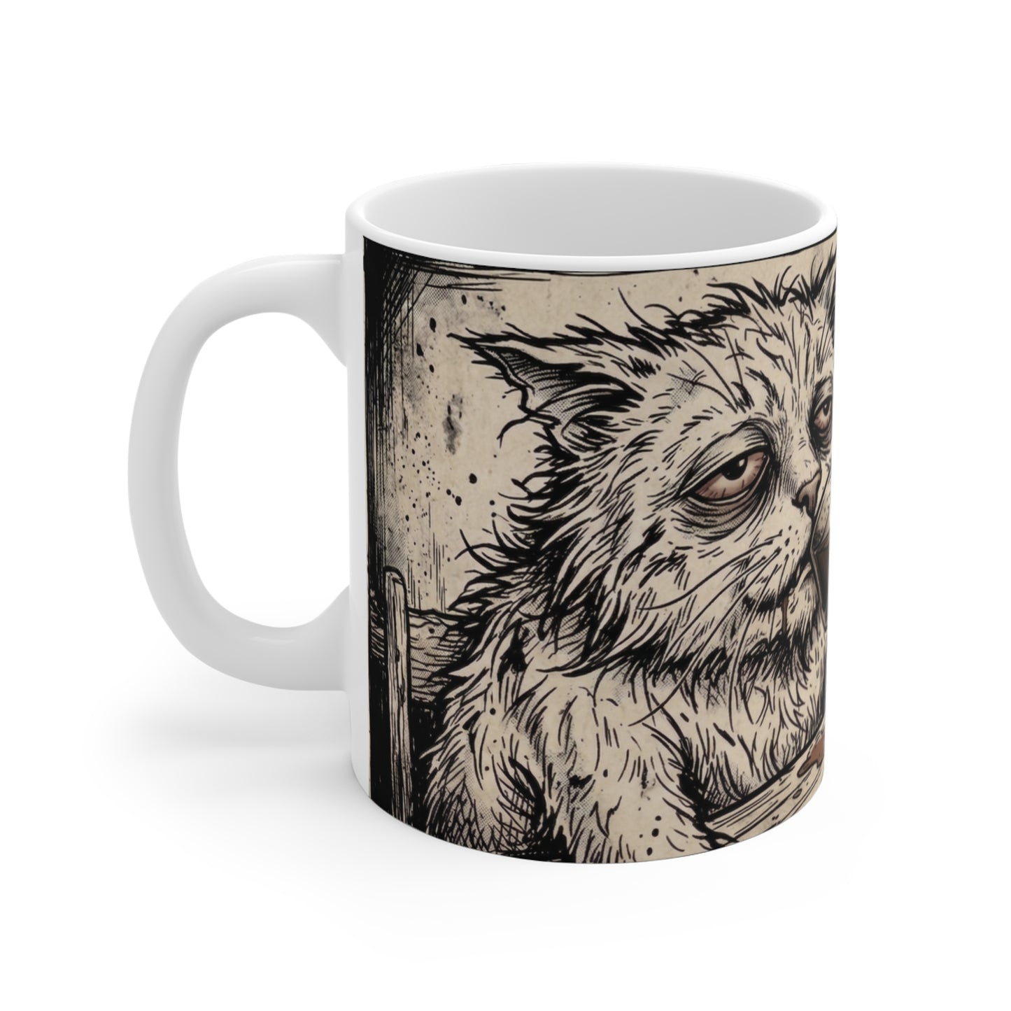 Scraps - "GFM" - 11oz Mug Left Handle — Tired Depressed Cat Drinking Coffee Espresso Illustration