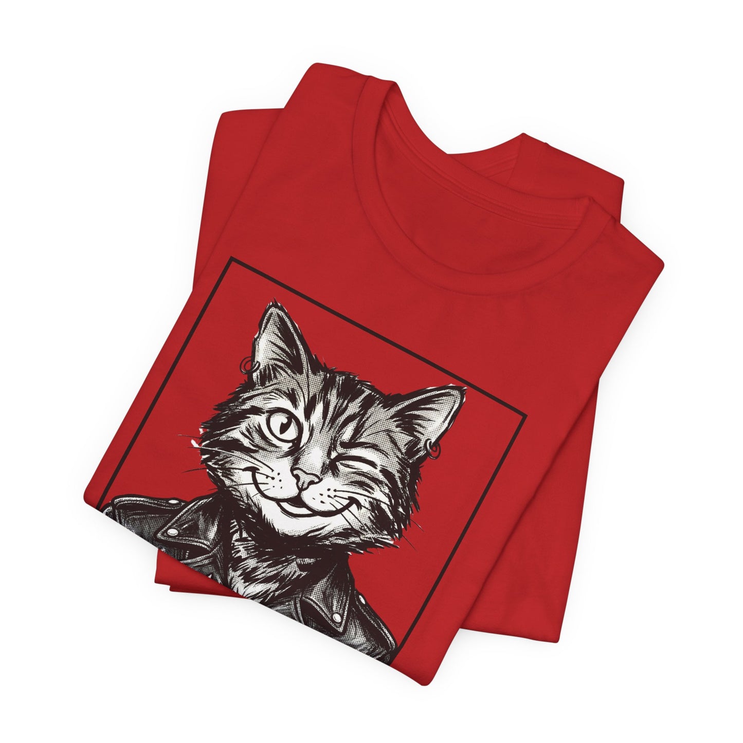 WinkyCat - Leather Jacket & Snarky Gesture - Cat Biker Tee — Grinning Cat in Leather Jacket Graphic T-Shirt