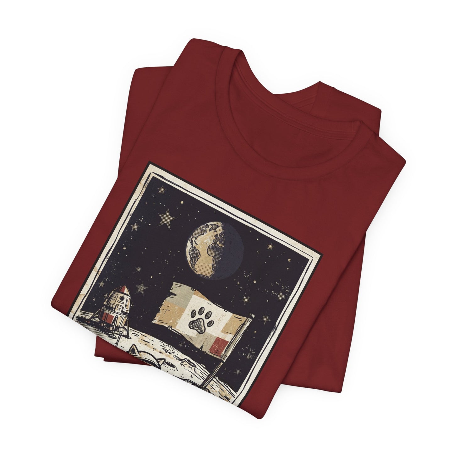 SpaceCat - Conquers The Moon! - Astronaut Cat Moon T-Shirt — Vintage Styled Space Kitty Flag Tee