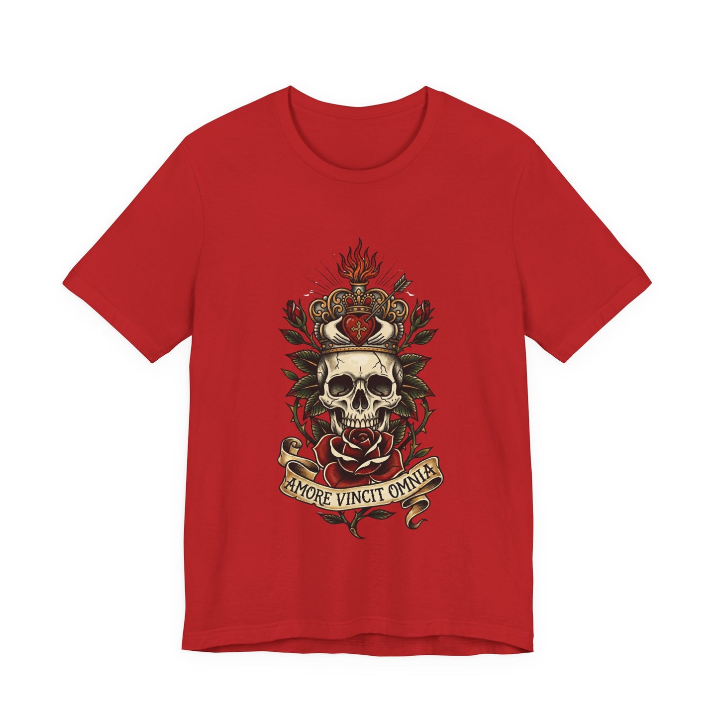 Skull Claddagh Crown Classic Tattoo Tee – "Amore Vincit Omnia" Vintage Gothic Graphic T‑Shirt
