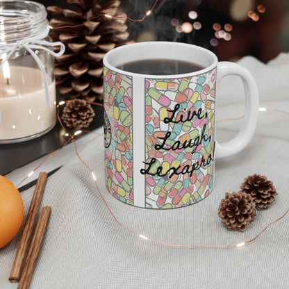 Live, Laugh, Lexapro! - 11oz Mug Ambi Handle - Colorful Pill Pattern Coffee Cup for Mental Health Awareness & Funny Gift
