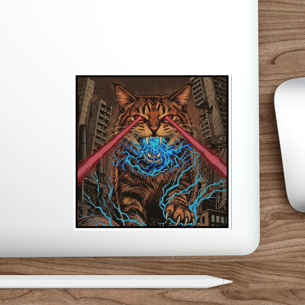 CityCat Attacks! - Dark - Red Lasers - Laser-Eyed Cat Die-Cut Sticker — Retro Kaiju City Illustration