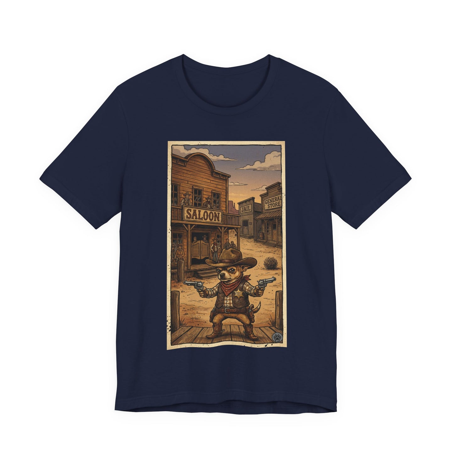 SheriffPaco - Vertical - Chihuahua Sheriff Western Saloon Showdown T-Shirt — Vintage Cowboy Sheriff Puppy Dog Graphic Tee