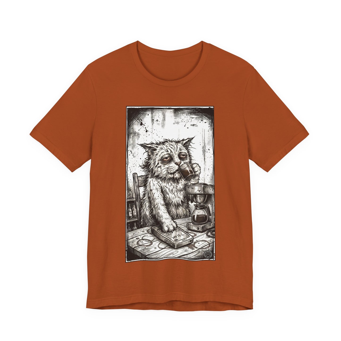 Scraps "GFM" - Cat Drinking Coffee T-Shirt — Tired Depressed Cat Graphic Tee