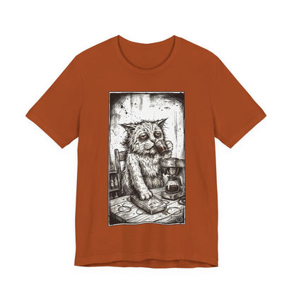 Scraps "GFM" - Cat Drinking Coffee T-Shirt — Tired Depressed Cat Graphic Tee