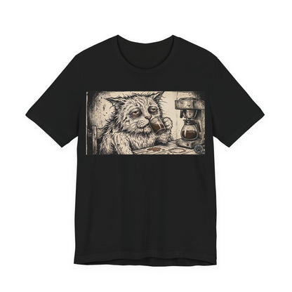 Scraps "GFM" Horizontal - Cat Drinking Coffee T‑Shirt — Vintage Sketch Tired Depressed Cat Drinking Coffee Graphic Tee