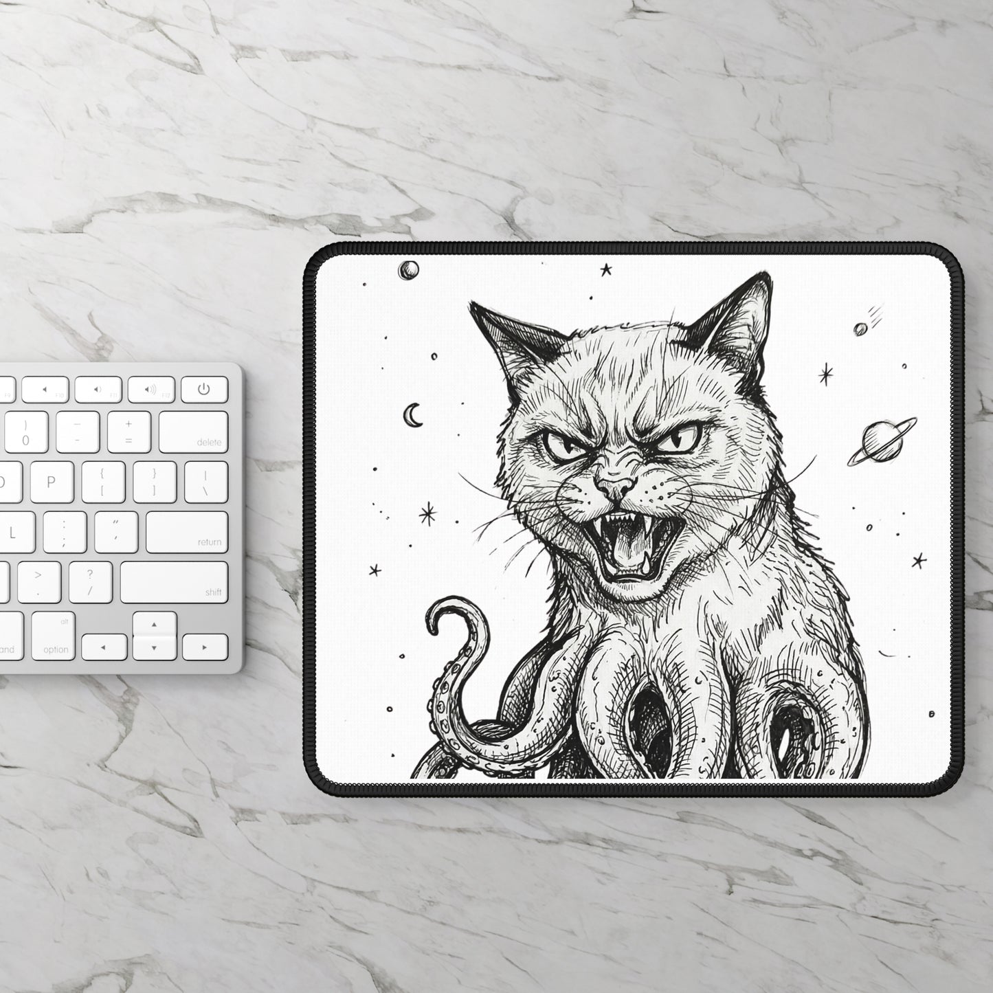AlienCat In Space - Gaming Mouse Pad — Black & White Angry Cat with Tentacles
