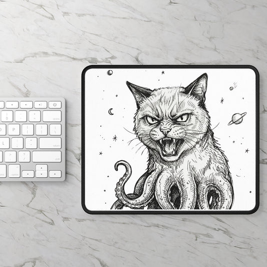 AlienCat In Space - Gaming Mouse Pad — Black & White Angry Cat with Tentacles