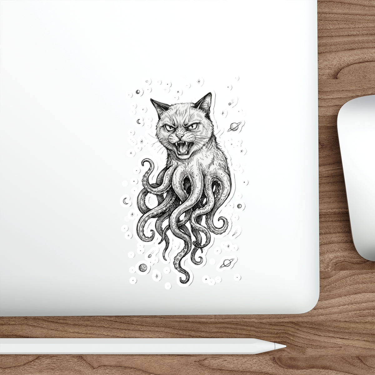 AlienCat In Space! - Die-Cut Sticker — Gothic Cat with Octopus Tentacles (Black & White Illustration)