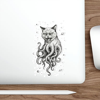 AlienCat In Space! - Die-Cut Sticker — Gothic Cat with Octopus Tentacles (Black & White Illustration)
