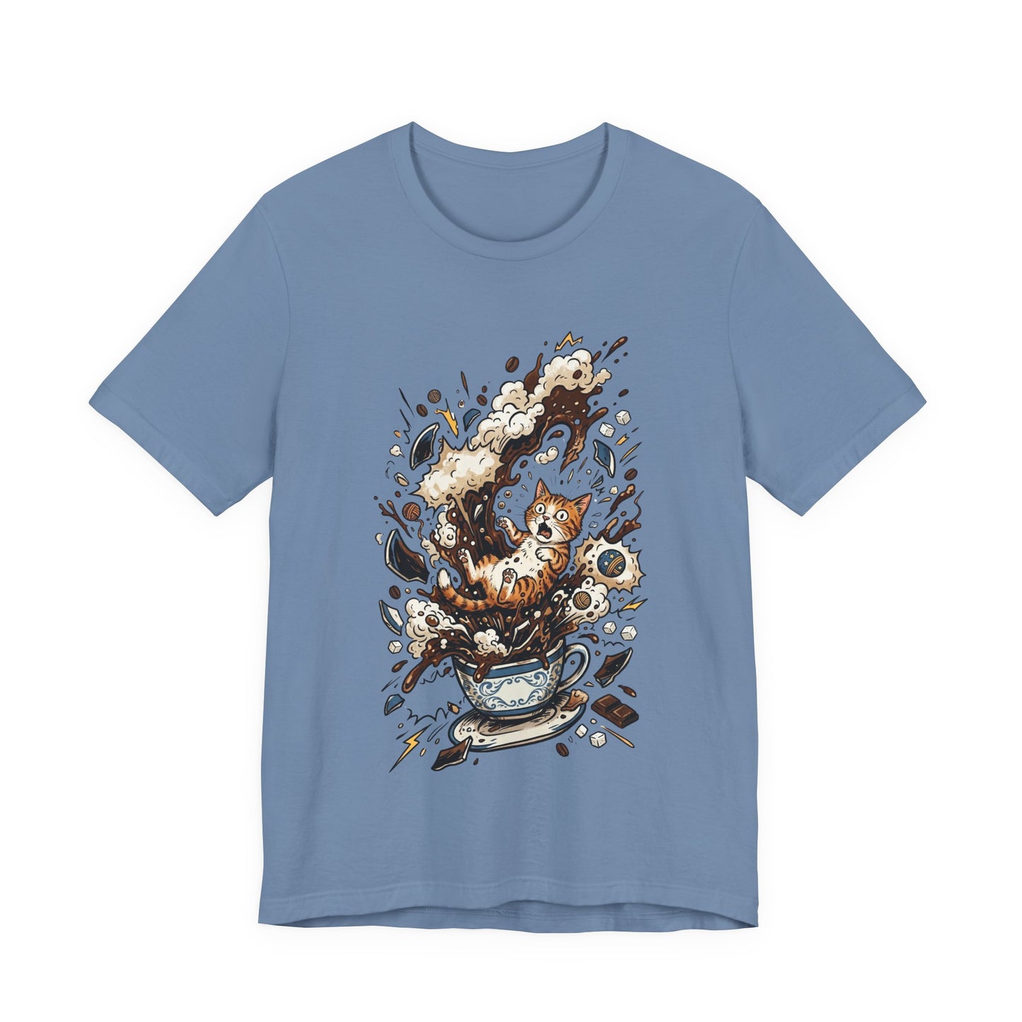 VOID - Cat Coffee Splash T‑Shirt — Cute Kitten Popping Out of Exploding Coffee Cup Tee