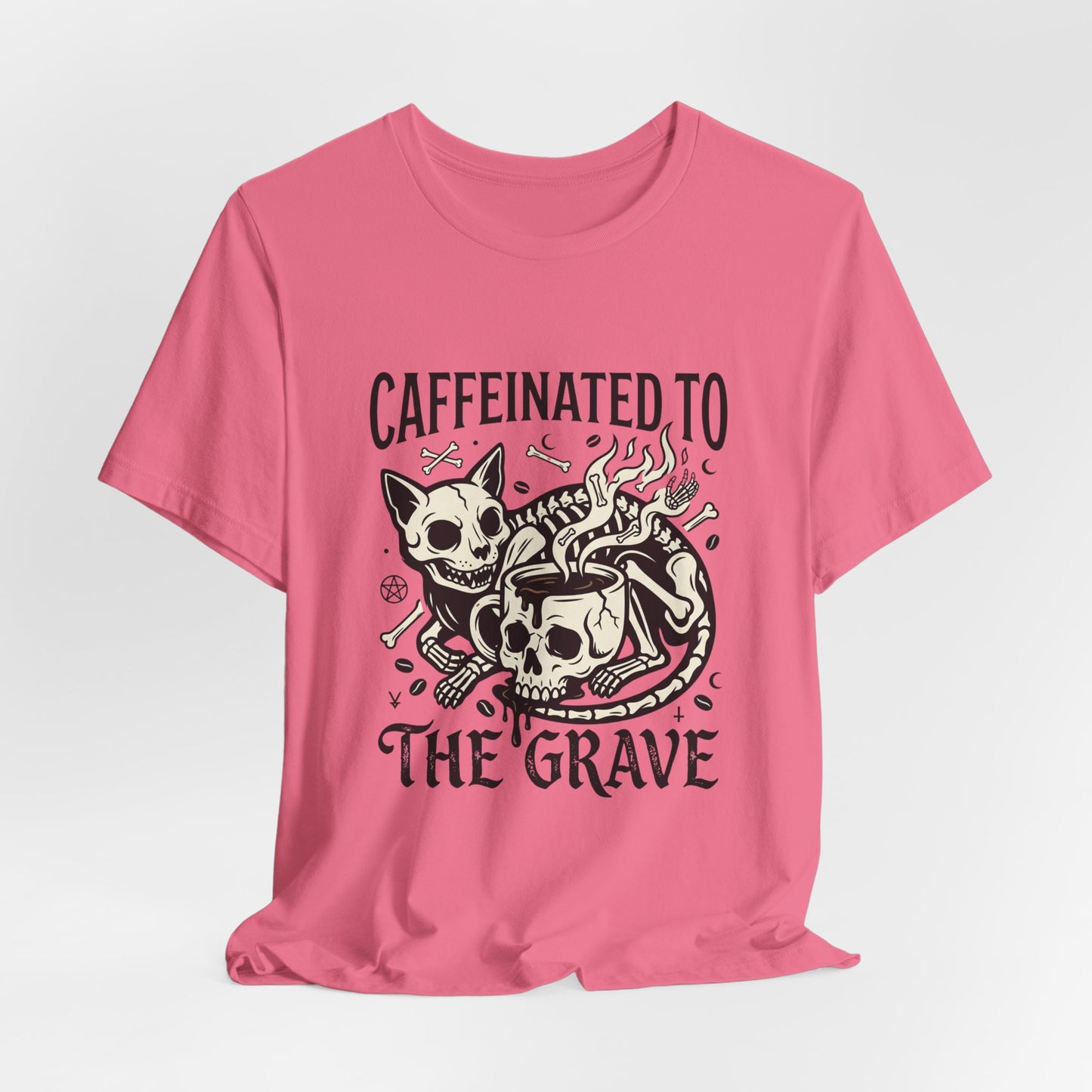 VOID - Caffeinated to the Grave Tee — Gothic Skull & Cat Coffee Shirt