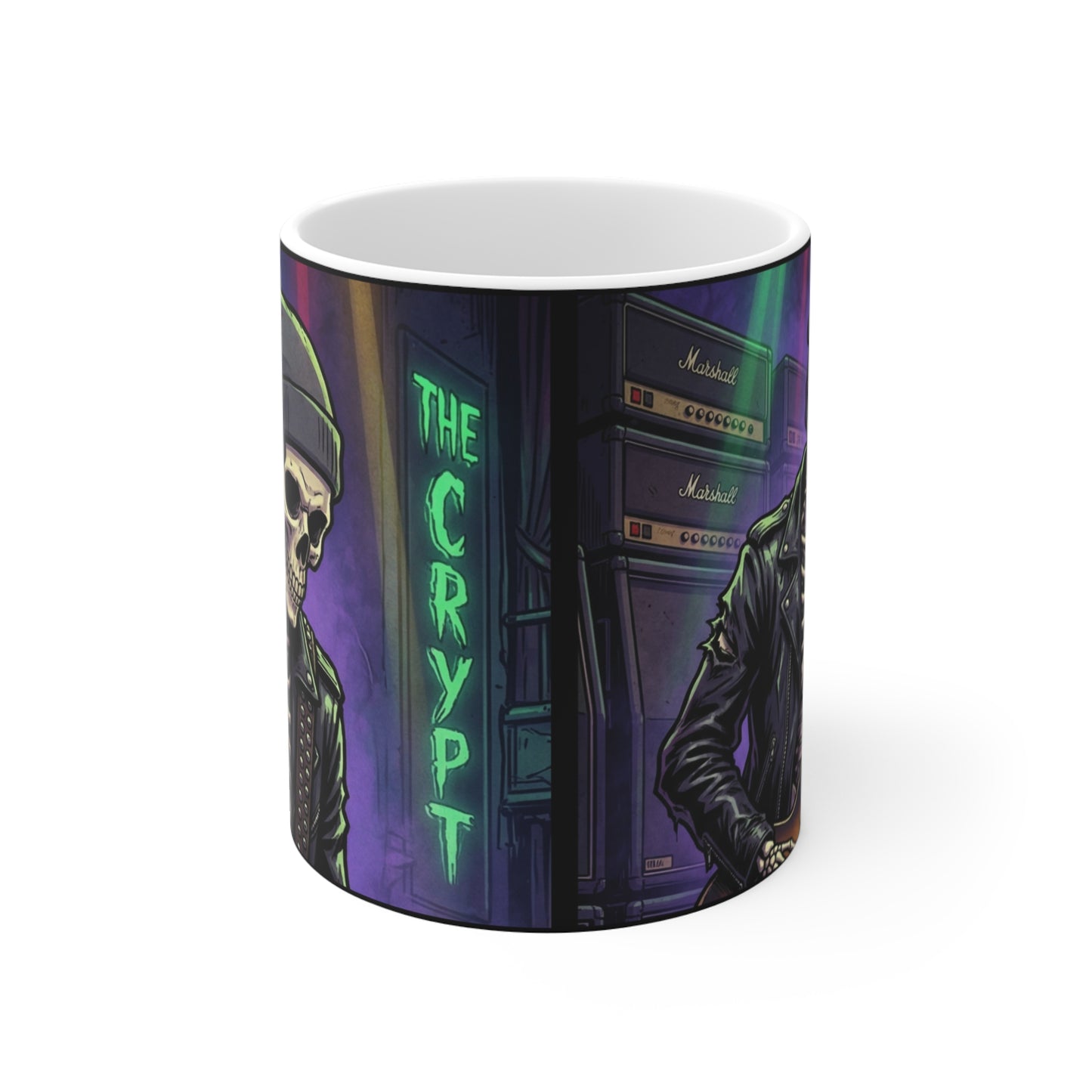 Bonesy - At The Crypt - 11oz Mug Ambi Handle - The Crypt Skeleton Rocker Mug — 11oz Gothic Skull Coffee Cup