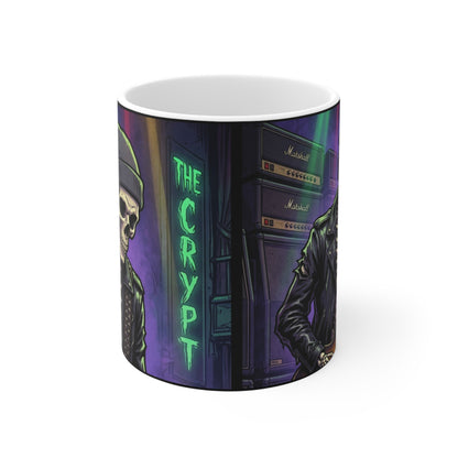 Bonesy - At The Crypt - 11oz Mug Ambi Handle - The Crypt Skeleton Rocker Mug — 11oz Gothic Skull Coffee Cup