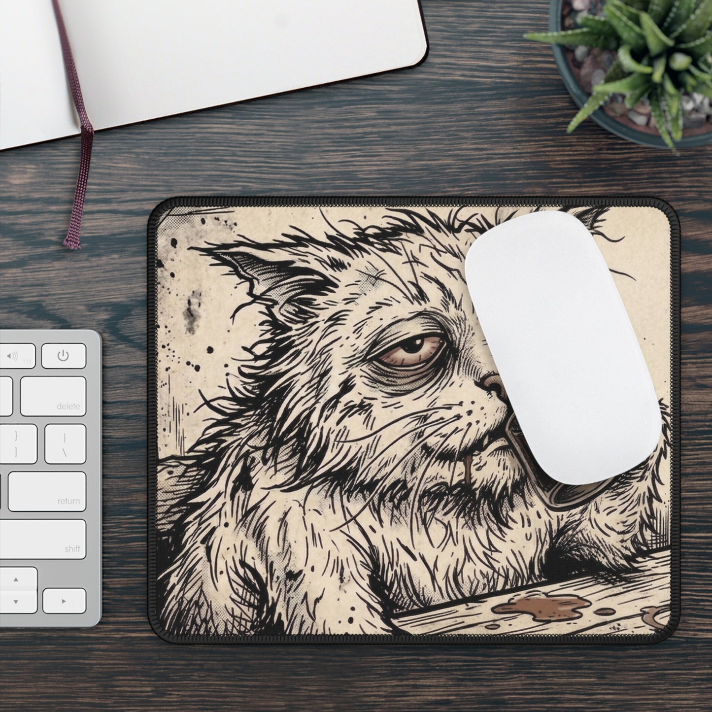 Scraps - GFM - Tired Exhausted Kitty Drinking Coffee - Gaming Mouse Pad