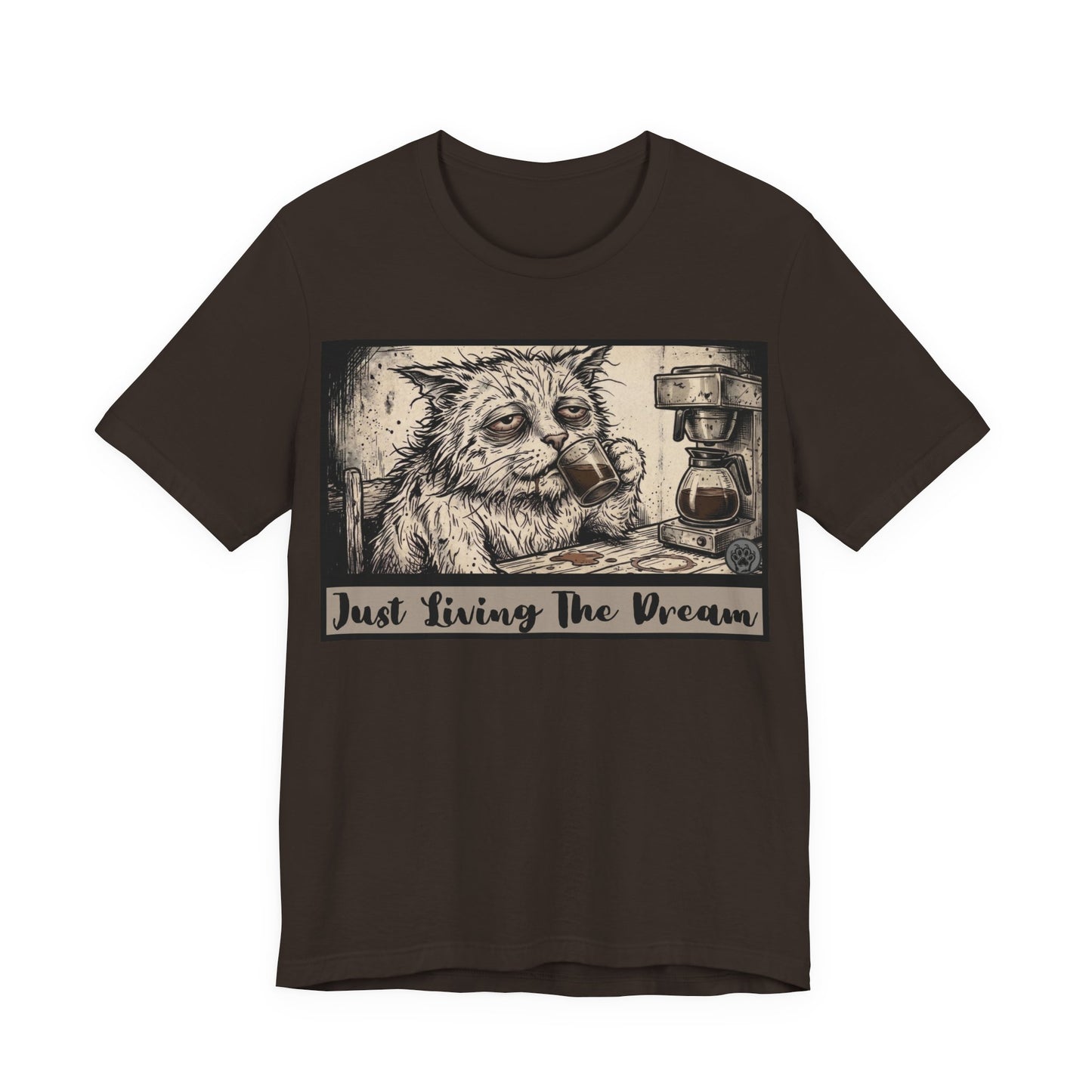 Scraps - Just Living The Dream - Tired Reluctant Morning Cat Tee — Vintage Cat Coffee T-Shirt