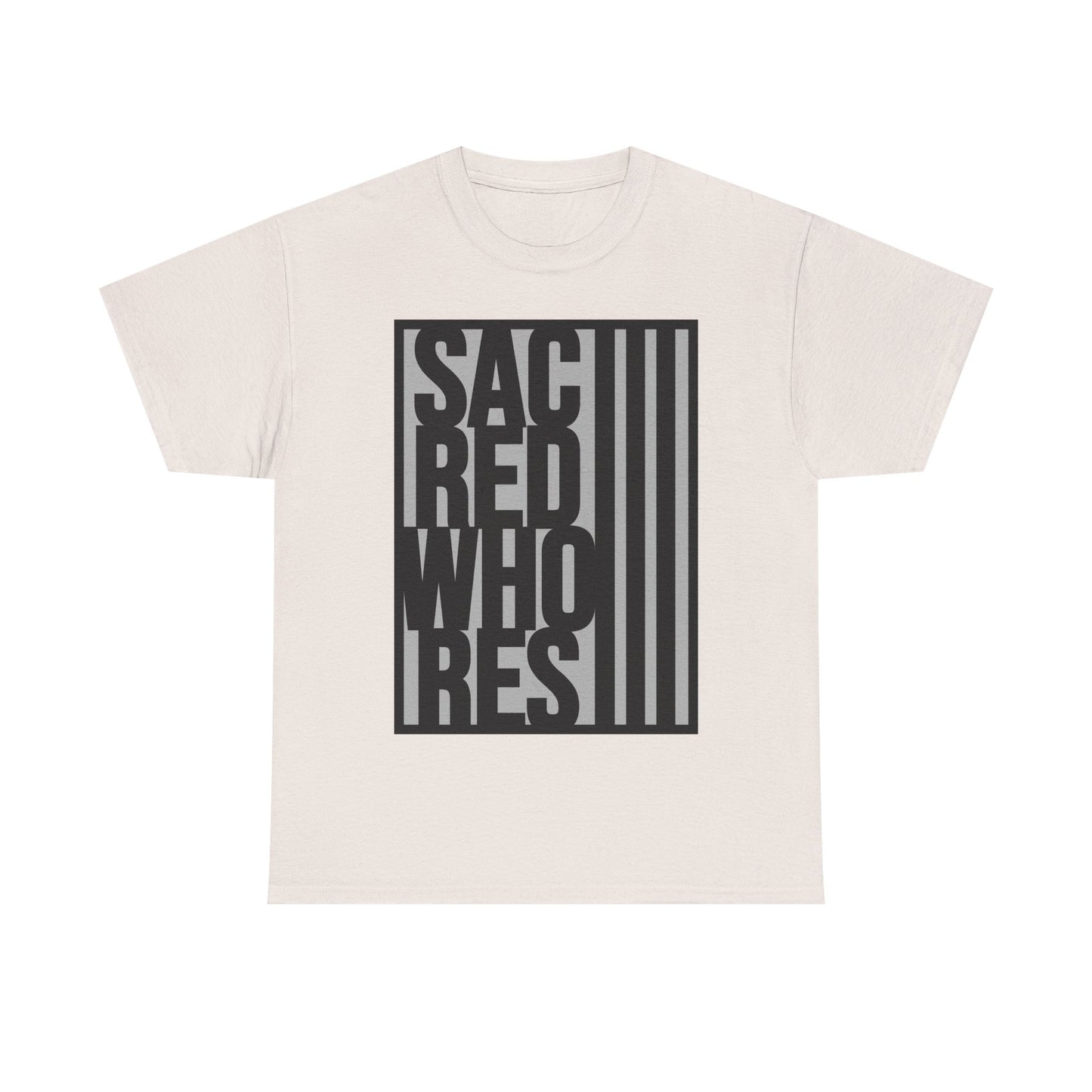 Sacred Whores - Graphic Tee — Bold Vertical Text Black T‑Shirt