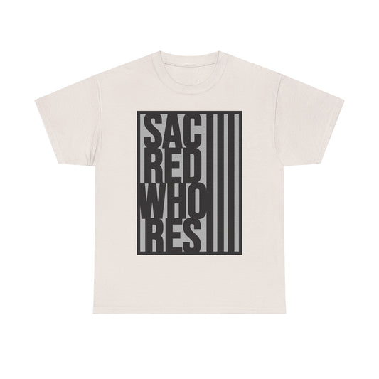 Sacred Whores - Graphic Tee — Bold Vertical Text Black T‑Shirt